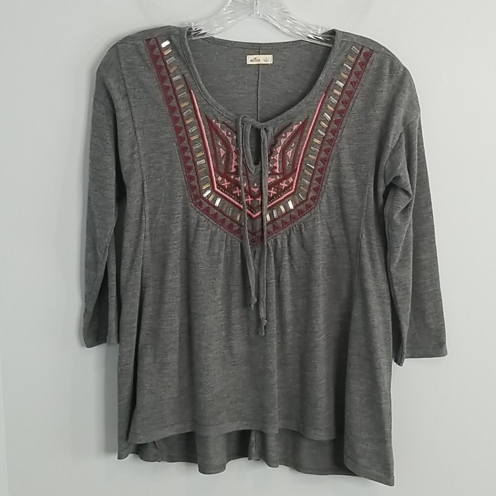Hollister Boho Gray Beaded Shirt size small